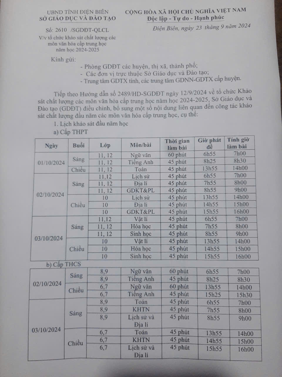 KHẢO SÁT CHẤT LƯỢNG CÁC MÔN VĂN HÓA CẤP TRUNG HỌC                                             NĂM HỌC: 2024 – 2025